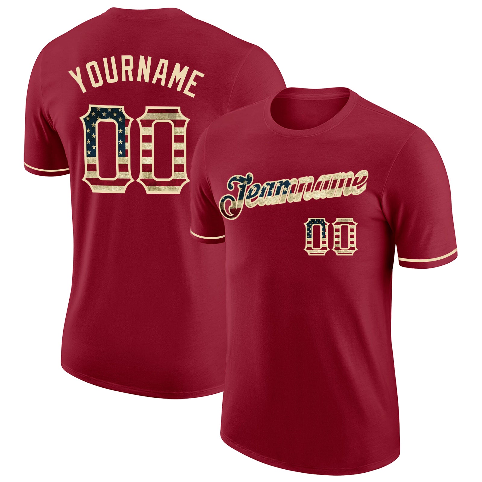 Custom Personalized Crimson Vintage USA Flag T-Shirt with Team Name and Number - City Cream Performance Shirt Personalized
