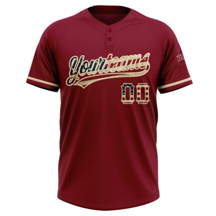 Custom Name & Number Crimson Vintage USA Flag Softball Jersey - Unisex Cream Two-Button Team Apparel Personalized Crimson