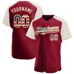 Personalized USA Flag Baseball Jersey with Custom Name & Number, Vintage Crimson Cream Authentic Raglan Sleeves Personalized