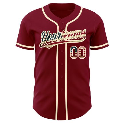 Personalized Vintage USA Flag Baseball Jersey - Crimson Cream Design Personalized Crimson Vintage USA Flag-Cream Baseball