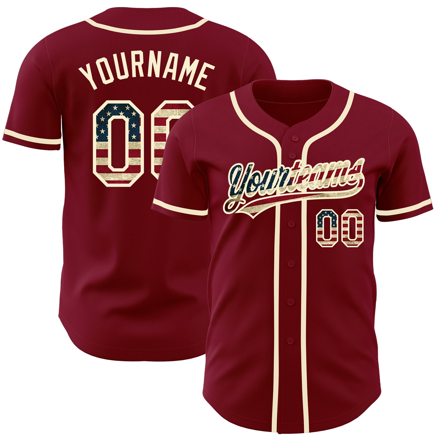 Personalized Vintage USA Flag Baseball Jersey - Crimson Cream Design Personalized Crimson Vintage USA Flag-Cream Baseball