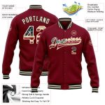 Personalized Vintage USA Flag Bomber Jacket Cream-Black Full-Snap Varsity Letterman Personalized Crimson Vintage USA Flag