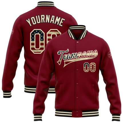Personalized Vintage USA Flag Bomber Jacket Cream-Black Full-Snap Varsity Letterman Personalized Crimson Vintage USA Flag