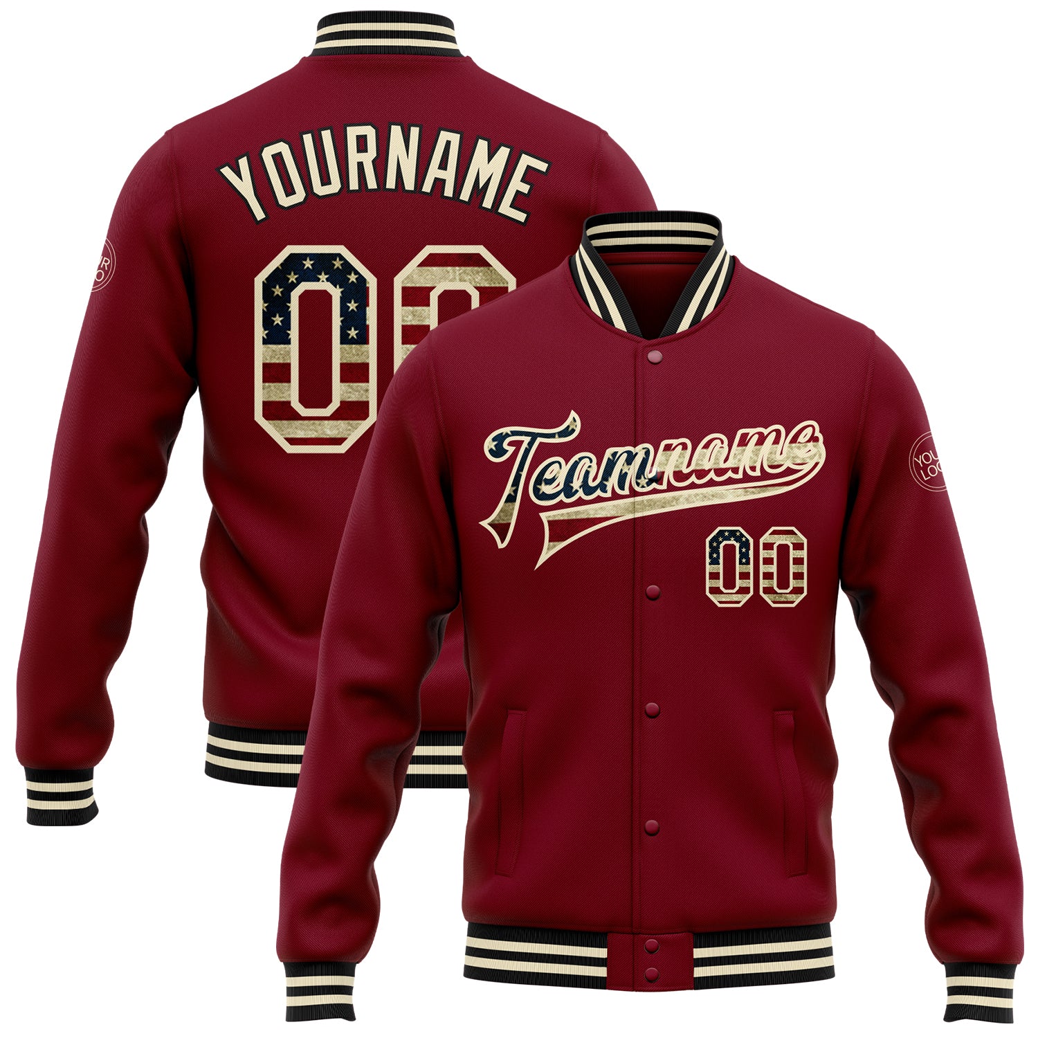 Custom Name and Number Vintage USA Flag Bomber Varsity Jacket Cream-Black Full-Snap for Team - Personalized Letterman Style