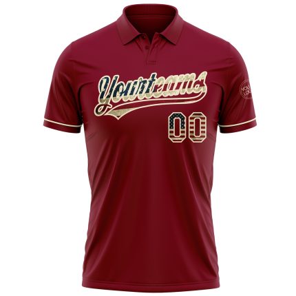Custom USA Flag Performance Golf Polo Shirt - Personalized Crimson Vintage Cream with Name & Number Personalized Crimson