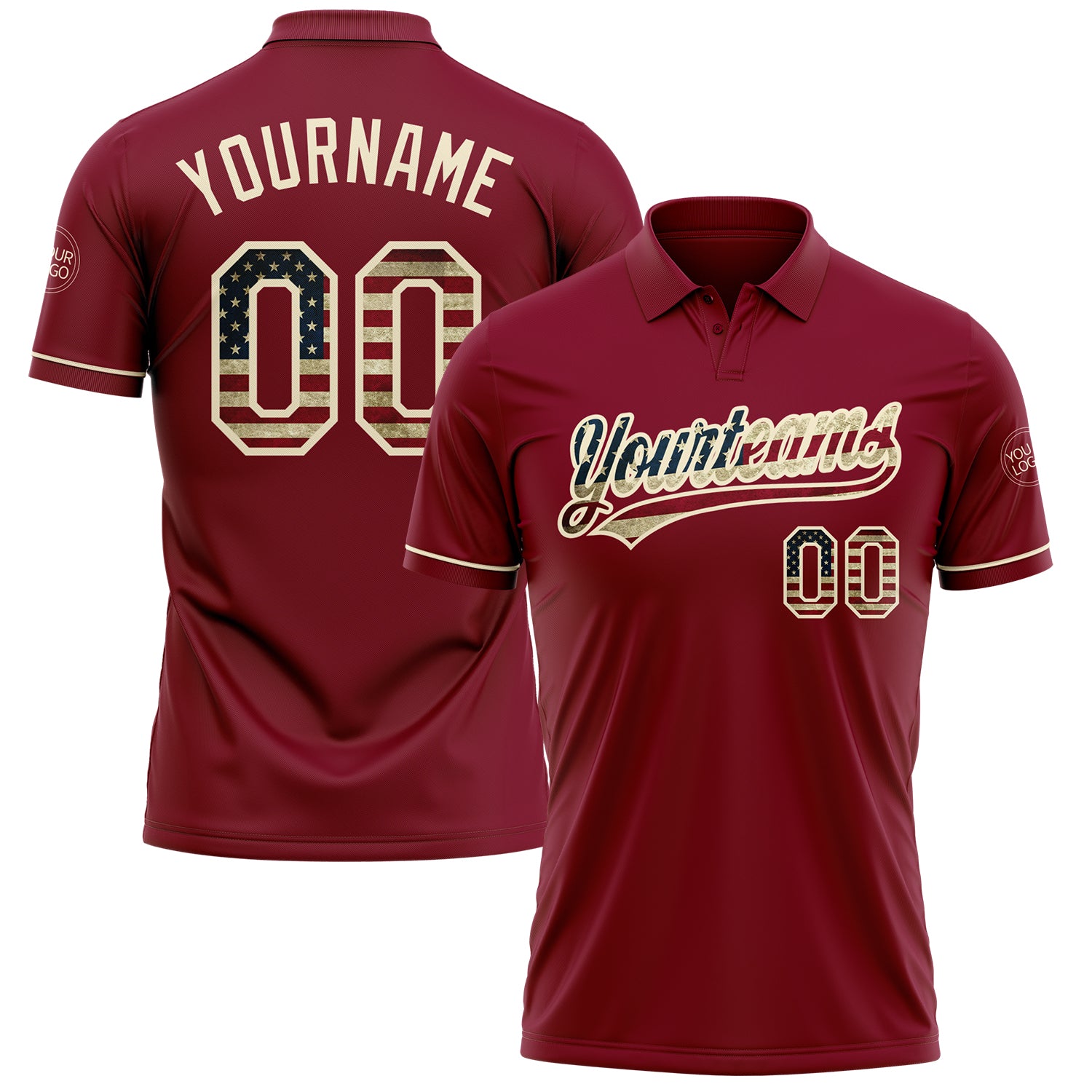 Custom USA Flag Performance Golf Polo Shirt - Personalized Crimson Vintage Cream with Name & Number Personalized Crimson