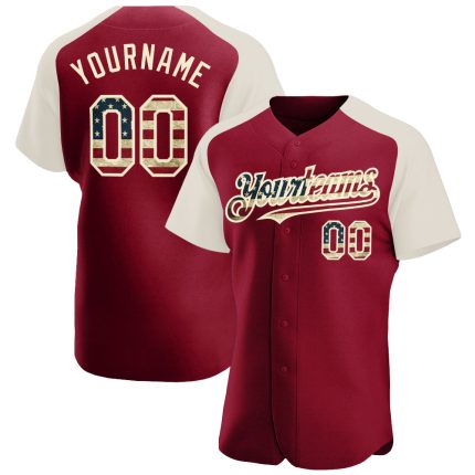 Personalized Vintage USA Flag Baseball Jersey with Cream Raglan Sleeves - Crimson Color Personalized Crimson Vintage USA