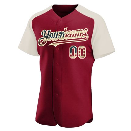 Personalized Vintage USA Flag Baseball Jersey with Cream Raglan Sleeves - Crimson Color Personalized Crimson Vintage USA