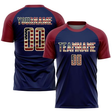 Custom Name Number Personalized Vintage USA Flag Soccer Jersey - Crimson Navy Cream Sublimation Team Uniform Personalized