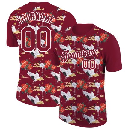 Personalized 3D Animal Crane T-Shirt in Crimson White - Unique Performance Tee Personalized Crimson White 3D Animal Crane