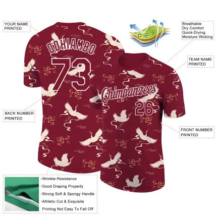 Personalized 3D Animal Crane T-Shirt in Crimson White - Unique Performance Design Personalized Crimson White 3D Pattern Design