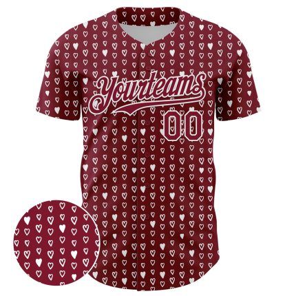 Custom Name and Number Baseball Jersey with Personalized 3D Hearts Pattern in Crimson White - Authentic Team Gear Personalized