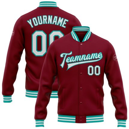 Personalized Crimson White Aqua Varsity Letterman Bomber Jacket - Full Snap Design Personalized Crimson White-Aqua Bomber