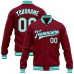 Custom Name Number Varsity Letterman Jacket - Personalized Crimson White-Aqua Bomber Full-Snap Jacket Personalized Crimson
