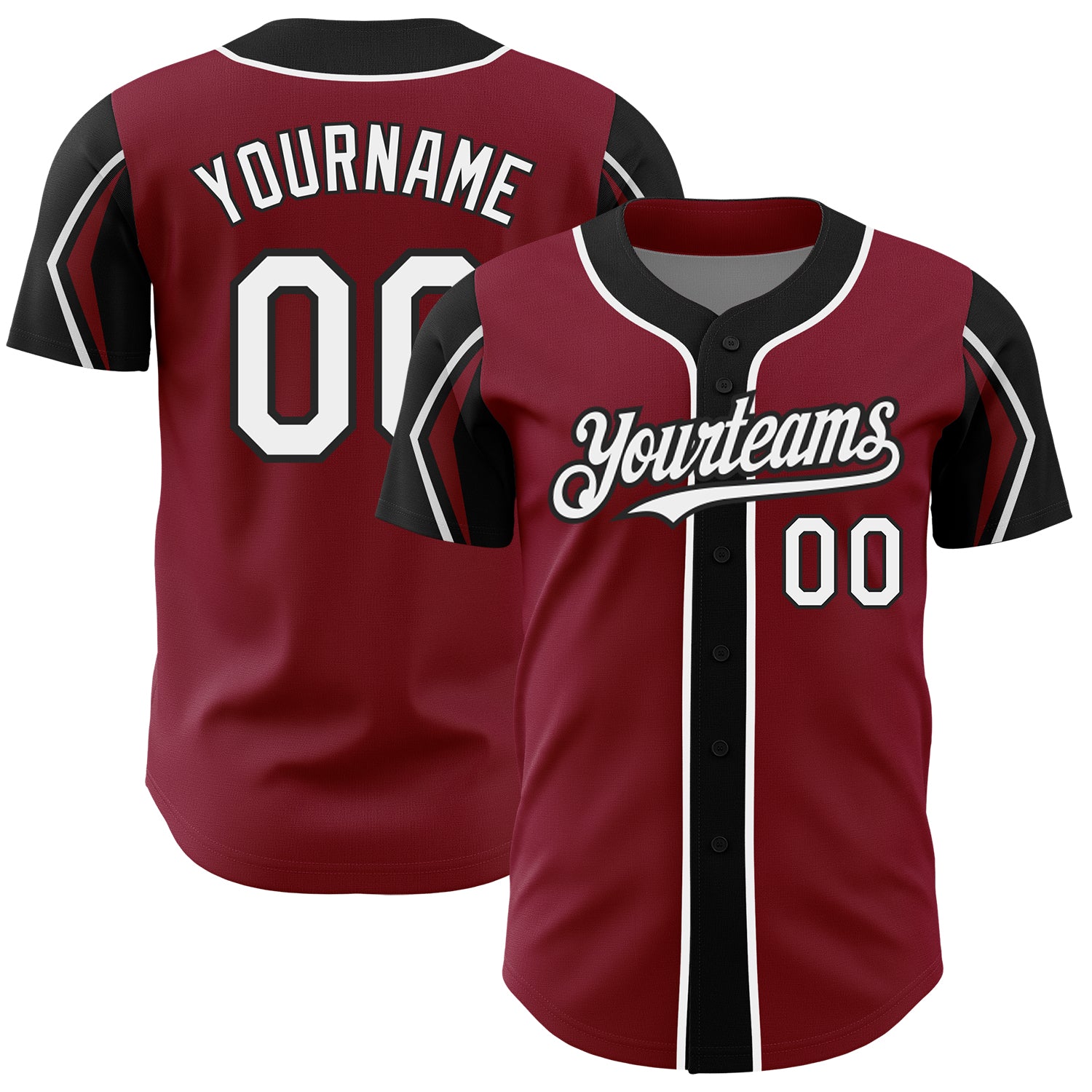 Personalized Baseball Jersey in Crimson, White, and Black - Custom Arm Shapes Design Personalized Crimson White-Black 3 Colors