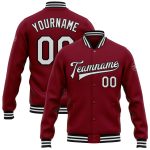Custom Team Name Number Varsity Letterman Jacket Crimson White Black Bomber Full-Snap Personalized Crimson White-Black Bomber