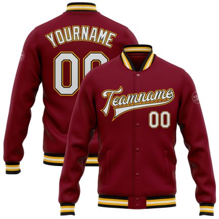 Personalized Crimson Black Gold Bomber Varsity Letterman Jacket Full-Snap Design Personalized Crimson White Black-Gold Bomber