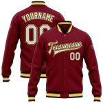 Custom Team Name Number Crimson White Black-Gold Bomber Varsity Letterman Jacket Full-Snap Personalized Personalized Crimson