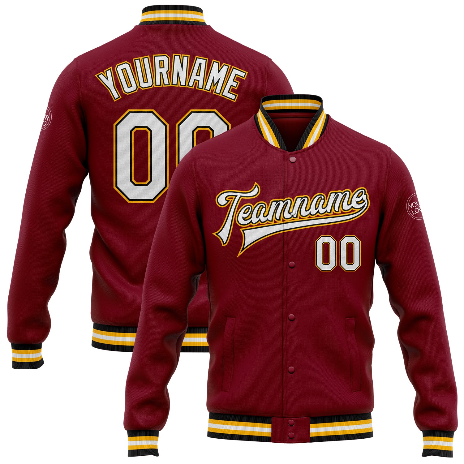 Custom Team Name Number Crimson White Black-Gold Bomber Varsity Letterman Jacket Full-Snap Personalized Personalized Crimson