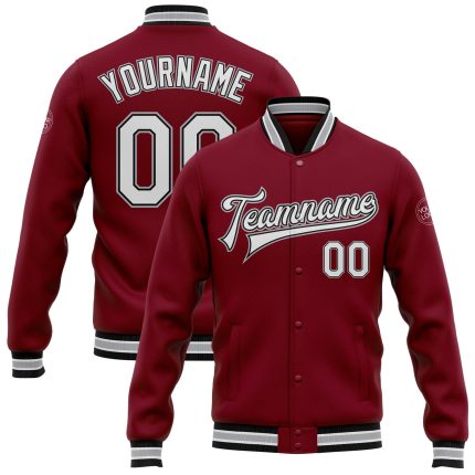 Personalized Varsity Letterman Jacket Crimson White Black Gray Full-Snap Bomber Personalized Crimson White Black-Gray Bomber