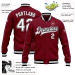 Custom Name Number Varsity Letterman Jacket Crimson Black Gray Full-Snap Bomber for Teams Personalized Crimson White Black-Gray