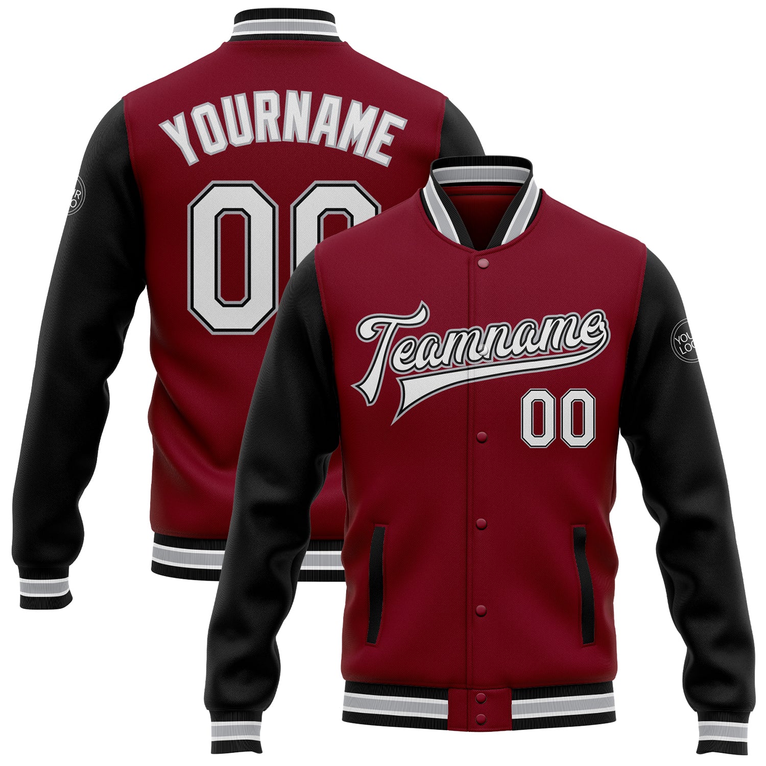 Personalized Bomber Jacket Crimson White Black Gray Two-Tone Full-Snap Varsity Letterman Personalized Crimson White Black-Gray