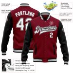 Custom Name Number Bomber Jacket Two Tone Crimson Black Gray Varsity Letterman Full-Snap Personalization Personalized Crimson