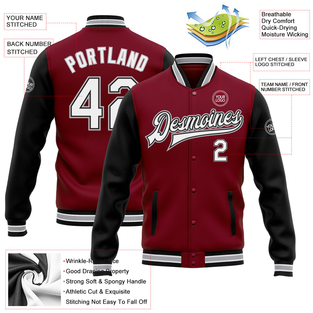 Personalized Crimson White Black-Gray Bomber Full-Snap Varsity Letterman Two Tone Jacket Team Custom Name and Number Custom Name Number Bomber Jacket Two Tone Crimson Black Gray Varsity Letterman Full-Snap Personalization Personalized Crimson - Image 3