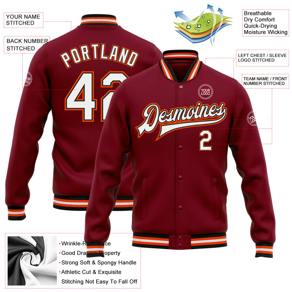 Personalized Crimson Black Orange Bomber Varsity Letterman Jacket Full-Snap 2 Personalized Crimson White Black-Orange Bomber - Image 5
