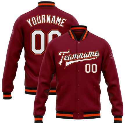 Custom Varsity Bomber Jacket in Crimson White Black Orange, Full-Snap Letterman Style Personalized Crimson White Black-Orange
