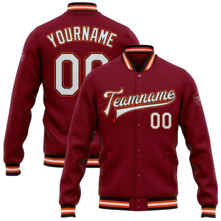 Personalized Varsity Letterman Jacket - Crimson White Black Orange Full-Snap Bomber Personalized Crimson White Black-Orange
