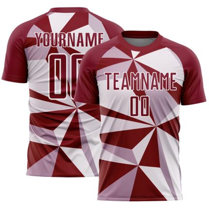 Custom Name and Number Geometric Pattern Soccer Jersey - Personalized Crimson White Sublimation Team Uniform Personalized
