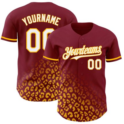 Custom Leopard Print Baseball Jersey with 3D Crimson White-Gold Fade Design - Personalized Name and Number Personalized Crimson