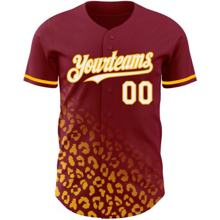 Custom Leopard Print Baseball Jersey with 3D Crimson White-Gold Fade Design - Personalized Name and Number Personalized Crimson