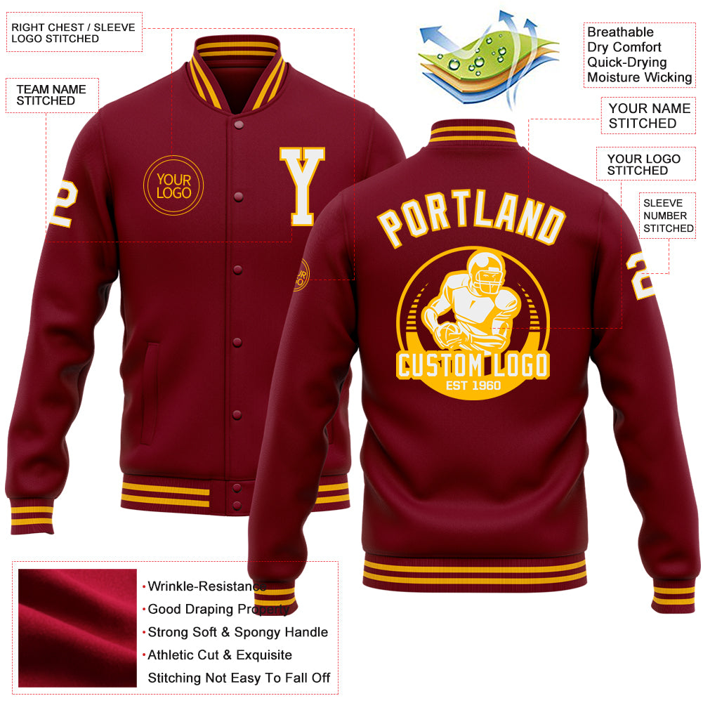 Personalized Crimson White-Gold Varsity Letterman Bomber Jacket Full-Snap Design Personalized Crimson White-Gold Bomber Full-Snap - Image 5