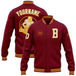 Personalized Varsity Letterman Jacket in Crimson and White-Gold Full-Snap Style Personalized Crimson White-Gold Bomber Full-Snap