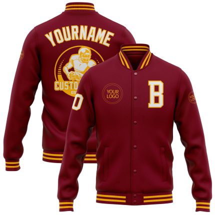 Personalized Varsity Letterman Jacket in Crimson and White-Gold Full-Snap Style Personalized Crimson White-Gold Bomber Full-Snap