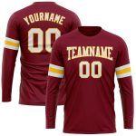 Custom Team Name Number Long Sleeve Performance T-Shirt Crimson White-Gold Personalized Apparel Personalized Crimson White-Gold