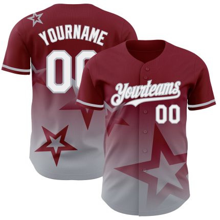 Personalized Twinkle Star 3D Gradient Baseball Jersey with Custom Name & Number in Crimson White-Gray Design Personalized