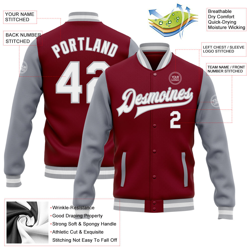 Personalized Two Tone Letterman Jacket in Crimson White Gray - Full-Snap Varsity Bomber Personalized Crimson White-Gray Bomber - Image 5