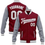 Custom Team Bomber Jacket - Personalized Crimson White-Gray Varsity Letterman Full-Snap with Custom Name and Number Personalized