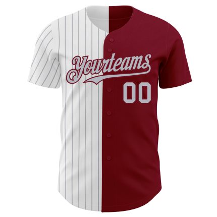 Custom Team Name and Number Baseball Jersey - Personalized Crimson White-Gray Pinstripe Authentic Split Design Personalized