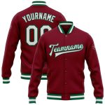 Custom Team Bomber Jacket with Name and Number - Crimson White-Kelly Green Full-Snap Varsity Letterman Personalized Crimson