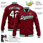 Custom Team Bomber Jacket with Name and Number - Crimson White-Kelly Green Full-Snap Varsity Letterman Personalized Crimson