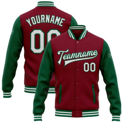 Personalized Varsity Letterman Bomber Jacket Crimson White Kelly Green Full-Snap Two Tone Personalized Crimson White-Kelly