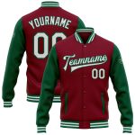 Custom Name and Number Crimson White Green Two Tone Varsity Letterman Bomber Full-Snap Jacket Personalized Crimson White-Kelly