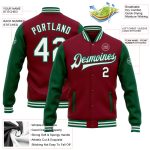 Custom Name and Number Crimson White Green Two Tone Varsity Letterman Bomber Full-Snap Jacket Personalized Crimson White-Kelly