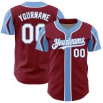 Customizable Baseball Jersey with Team Name and Number, Personalized in Crimson, White, and Light Blue, Arm Shapes Personalized