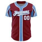 Customizable Baseball Jersey with Team Name and Number, Personalized in Crimson, White, and Light Blue, Arm Shapes Personalized