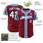 Customizable Baseball Jersey with Team Name and Number, Personalized in Crimson, White, and Light Blue, Arm Shapes Personalized